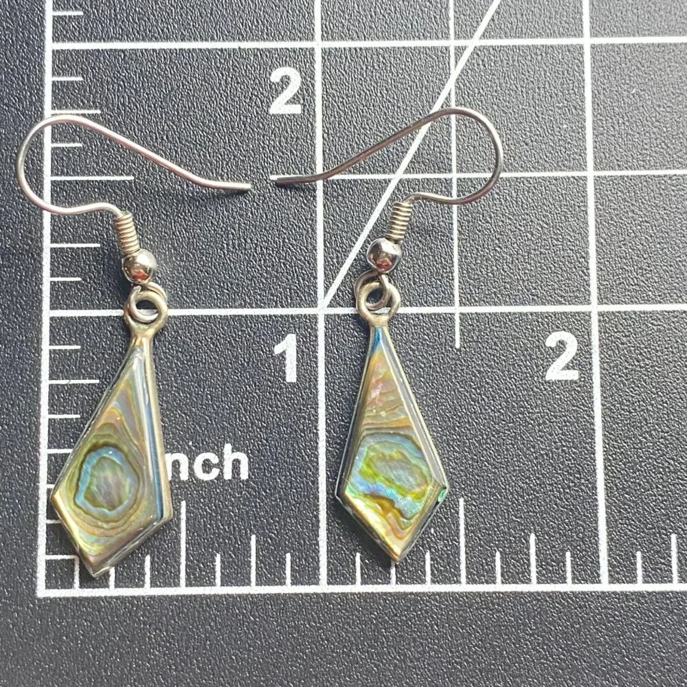 Abalone Shell Drop Earrings Geometric Silver-Tone Dangle Boho Modern Paua - Picture 3 of 7